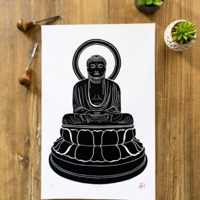 Linogravure du grand Daibutsu de Kamakura au Japon