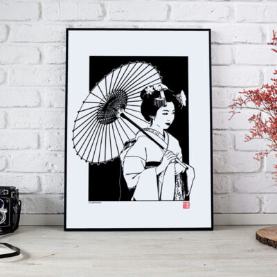 poster d'une geisha en noir et blanc