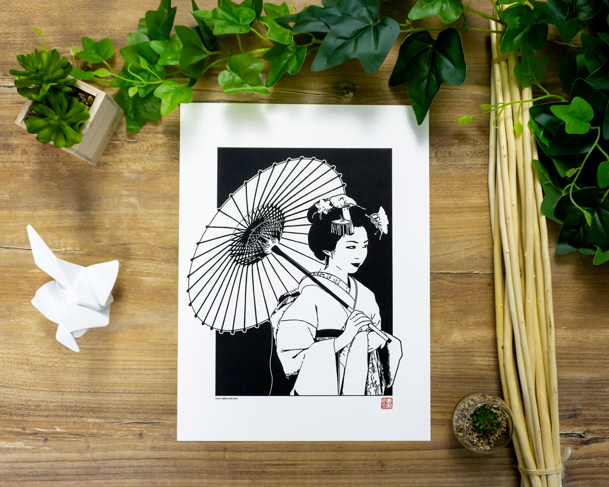 Affiche De L'onde 2. Feuilles De Geisha. Designs Japonais Avec Des  Définitions De La Culture Japonaise. Châssis Blanc A3