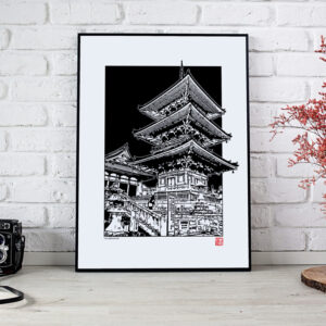 poster d'une pagode japonaise en noir et blanc