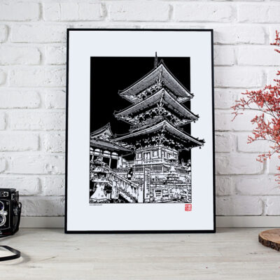 poster d'une pagode japonaise en noir et blanc