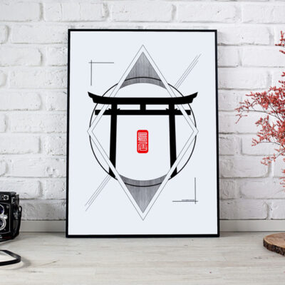 poster d'un torii au japon en noir et blanc